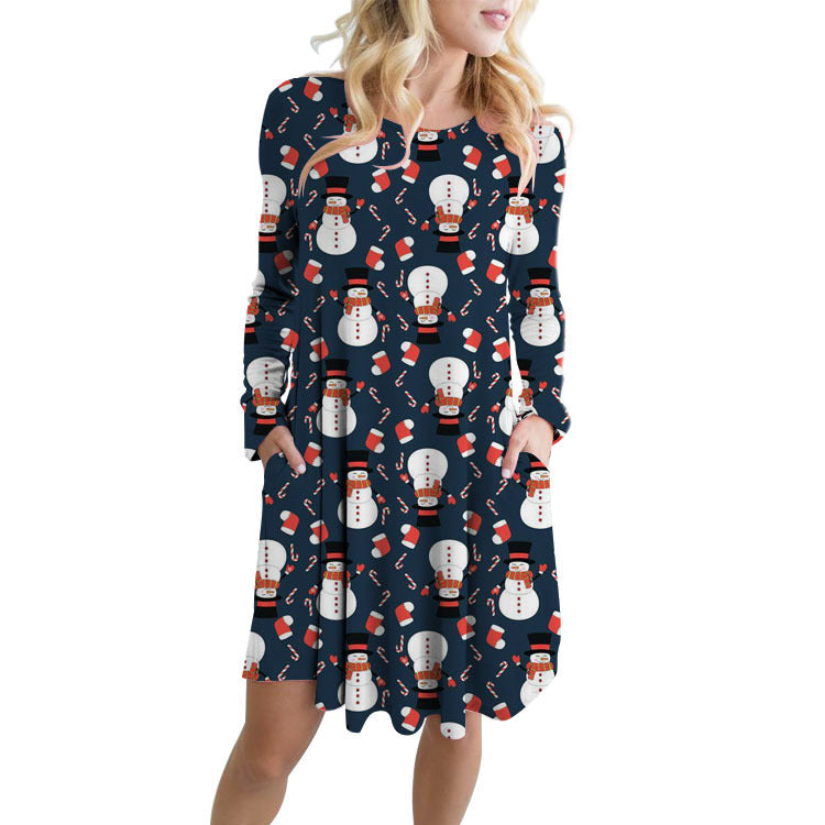 Fashionable Santa Printed Big Swing Pocket Dress