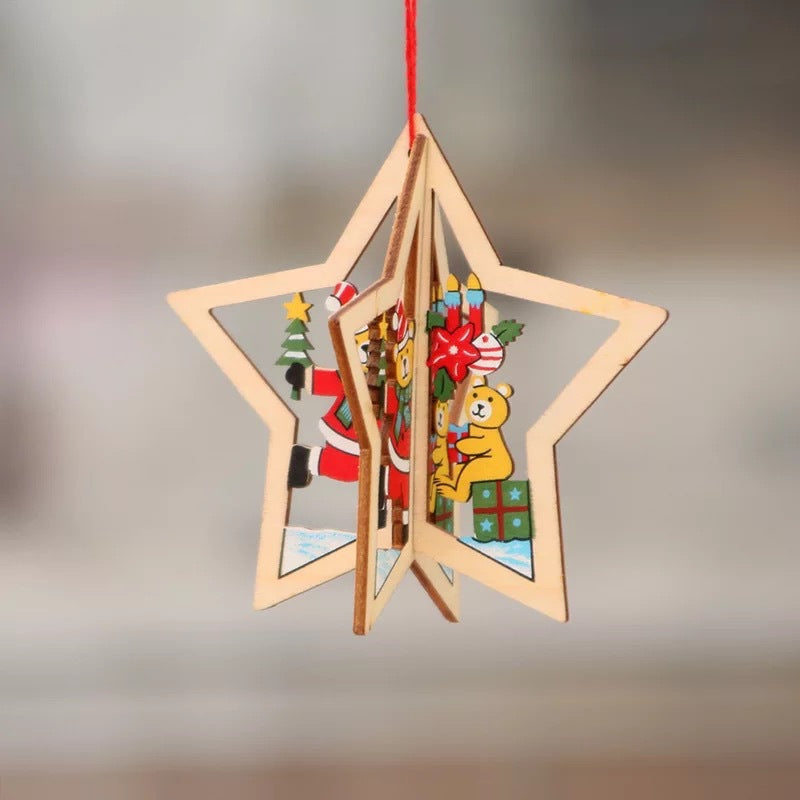 Christmas tree small pendant wooden five-pointed star bell pendant gift Christmas decoration wooden