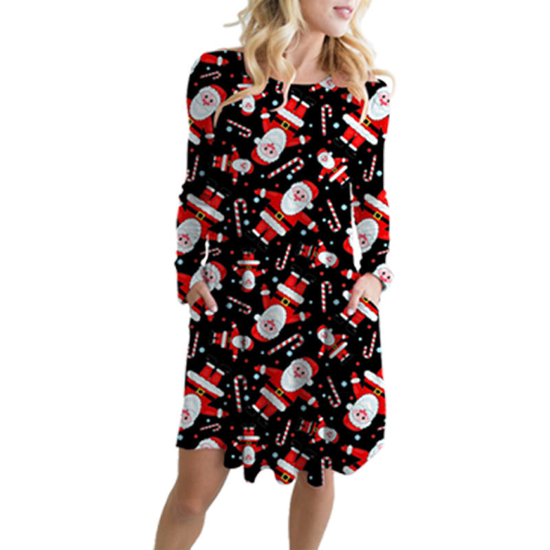 Fashionable Santa Printed Big Swing Pocket Dress