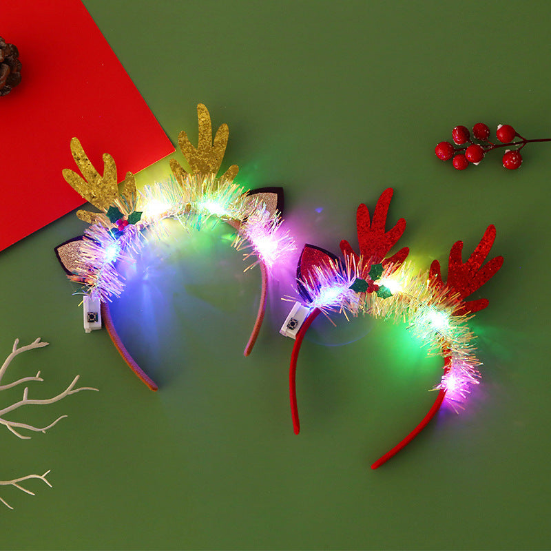 IPC Christmas Hair Band Glowing Headband Xmas Tree Snowflake Hair Band Deer Horn Light Flashing Headwear Merry Christmas Gift